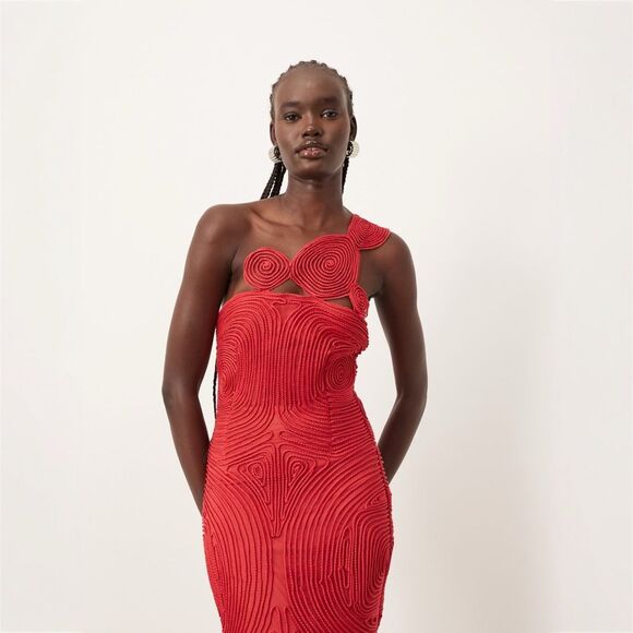 ARRANGE Embroidered Cornelli One Shoulder Red Midi Dress - Picture 1 of 15